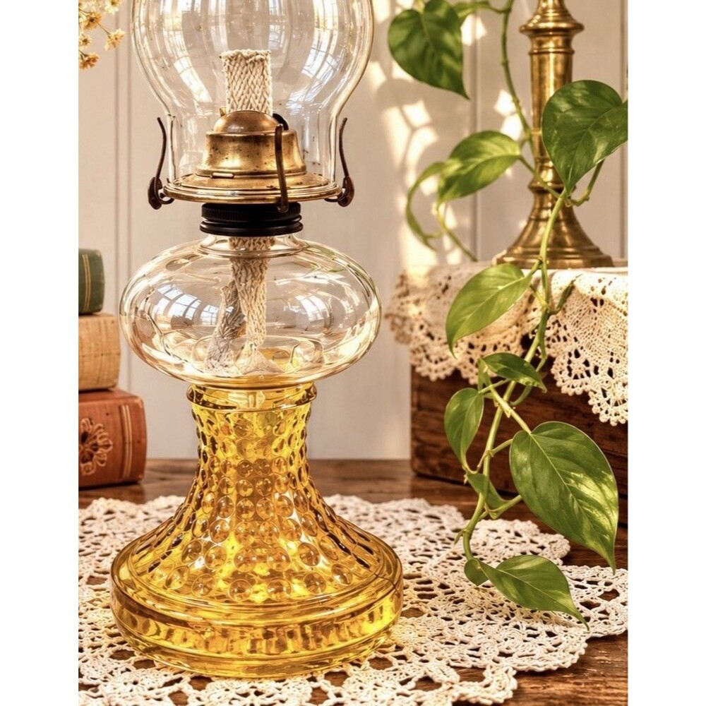 60’s Vintage Amber Glass Oil Lamp Hobnail Base Clear Hurricane Chimney 16” Decor